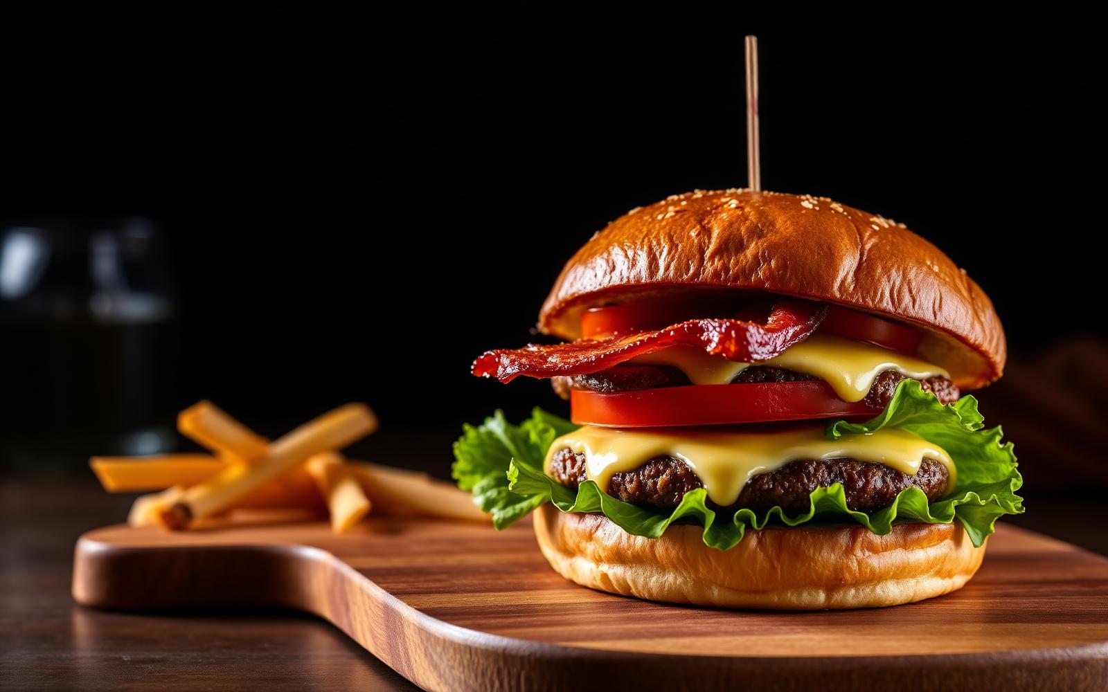 Hambúrguer artesanal com bacon, queijo derretido e tomate